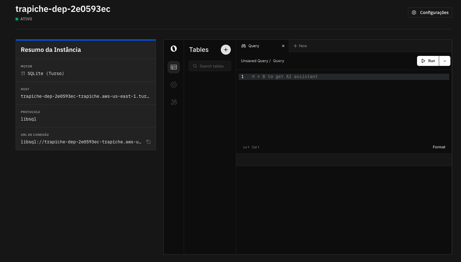 Painel de gerenciamento do banco de dados